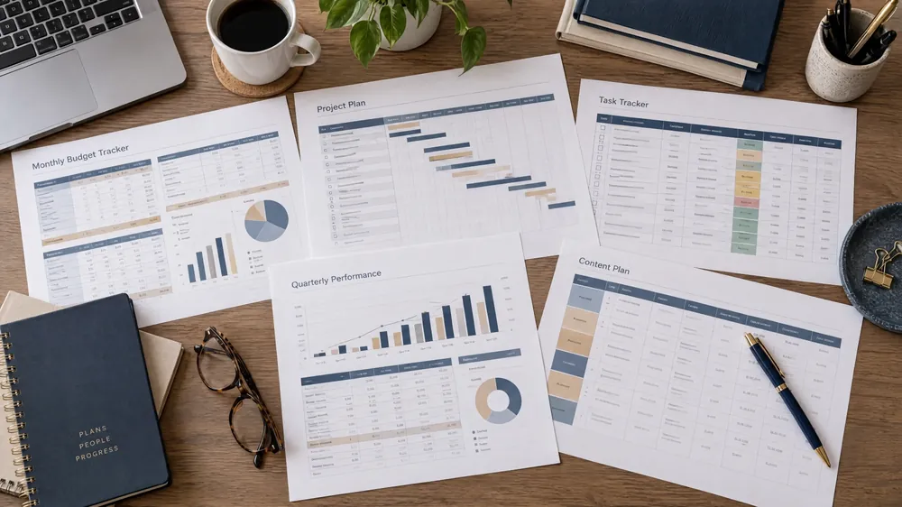 Printed project plans, trackers and performance dashboards laid out on a desk